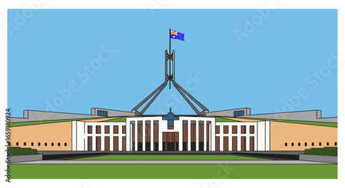 Digital painting of modern structure and landmark Parliament House (Canberra), vector design in vector art style and text for display, wallpaper and more