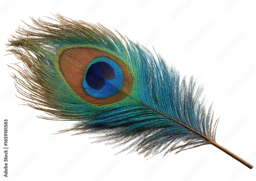 Obraz premium Single iridescent peacock feather, isolated on white (1)