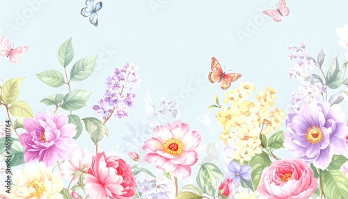 Pastel floral border with butterflies
