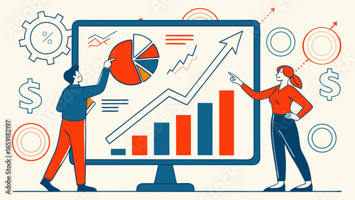 Flat vector illustration of businessman and woman analyzing charts on giant touchscreen board with bar graphs, pie charts, financial data, and corporate growth strategy