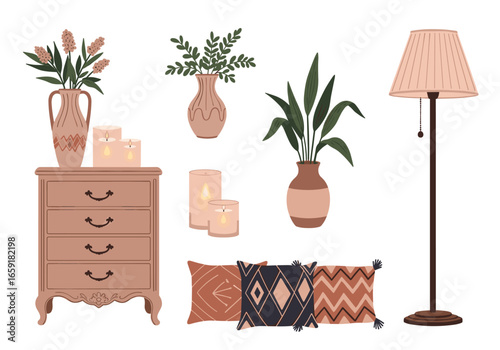 Cozy bohemian bedroom furniture and decor accents including a nightstand lamp and decorative pillows