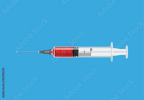A medical syringe filled with red liquid against a clear blue background representing health and medical care concepts