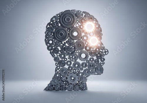 A 3D render of a human head made of intricate gears and cogs, with glowing elements in the brain area, symbolizing intelligence, innovation, and complex thought processes.