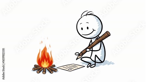 Animated Stick Figure Writing a Letter by Campfire with Pencil on a White Background Depicting Joy Communication Warmth and Nostalgia in a Cozy Cartoon Style