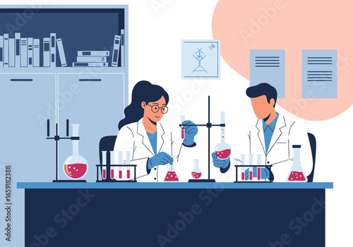 Scientists conduct chemical experiments in a modern laboratory setting observing reactions in glassware under controlled conditions