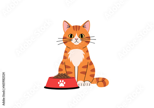 A cute orange tabby cat sits patiently beside its red food bowl filled with delicious kibble
