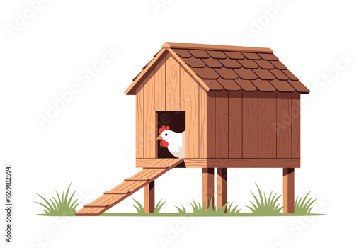 A curious white hen peeks out from a rustic wooden chicken coop on a sunny day