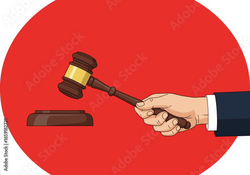 Justice gavel being held and struck on a sounding block in an auction or courtroom setting