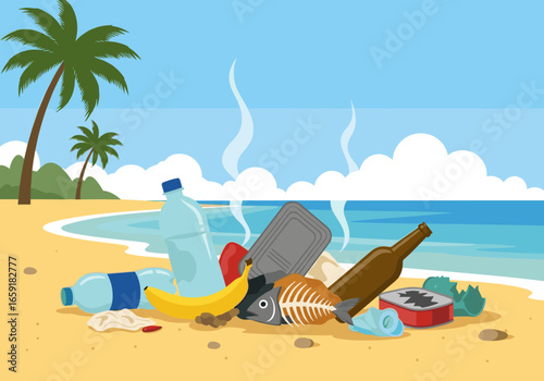 Beach litter environmental pollution causing damage to ocean ecosystem and marine life