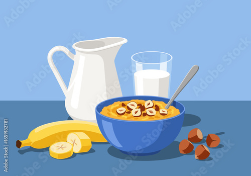 Healthy breakfast oatmeal with fresh fruits and nuts enjoyed in a bright morning setting