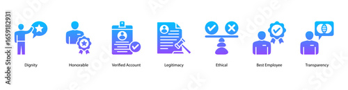 Ethical Traits web banner icon vector illustration featuring Dignity, Honorable, Verified Account, Legitimacy, Ethical, Best Employee, and Transparency.