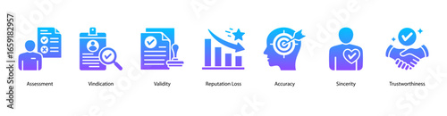 Truth and Review web banner icon vector illustration featuring Assessment, Vindication, Validity, Reputation Loss, Accuracy, Sincerity, and Trustworthiness.