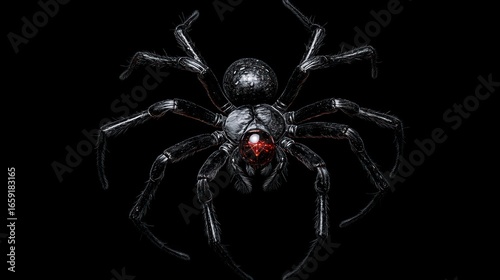 Black Widow Spider, its hourglass marking a tiny, pulsating red star, body like polished obsidian, surreal cosmic arachnid texture, subtle red glow