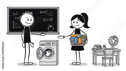 Animated Stick Figures Do Laundry in Classroom with Blackboard Equations and School Desk Symbolizing Balanced Life Education and Domestic Chores in a Cartoon Style Pictogram