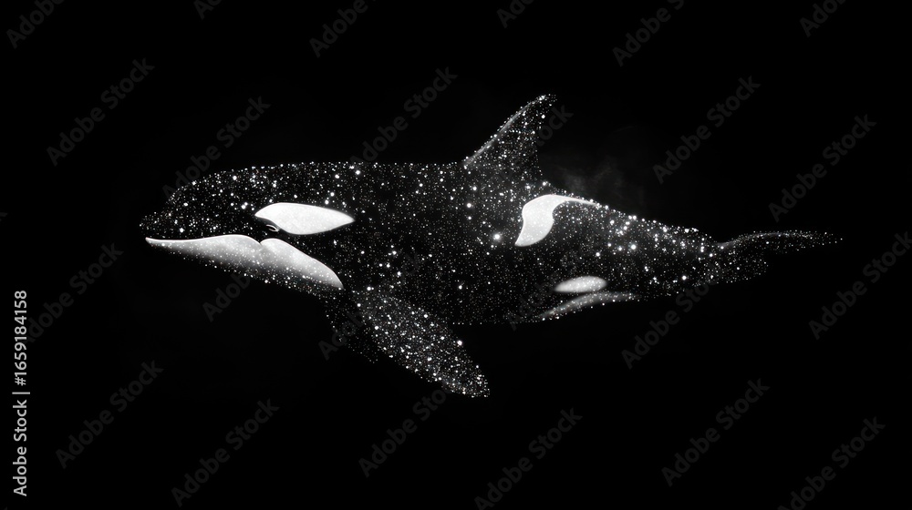 Fototapeta premium Orca (Killer Whale), its black patches are voids absorbing light, white patches glow with faint starlight, surreal cosmic void/light texture, dramatic contrast lighting