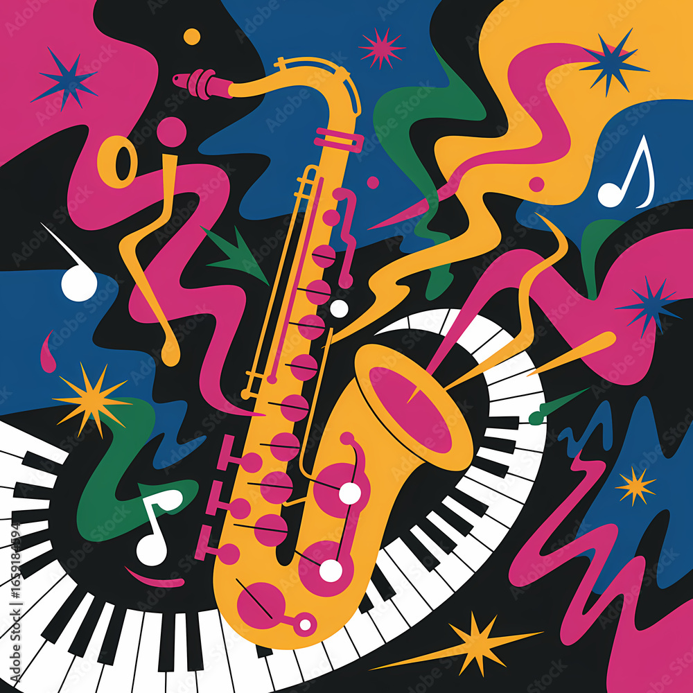 Obraz premium A Bold and Dynamic Abstract Illustration of a Jazz Music Performance, a Vibrant and Energetic Representation of Improvisation and Sound