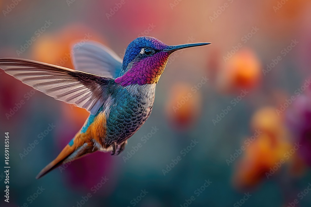 Fototapeta premium Colorful hummingbird in flight amidst vibrant flowers (1)