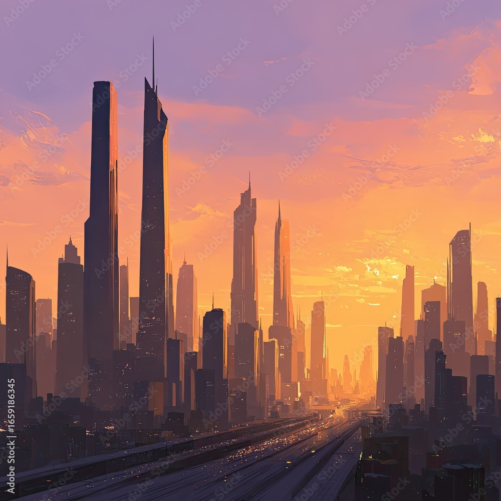 Fototapeta premium Sleek city skyline at sunrise 2