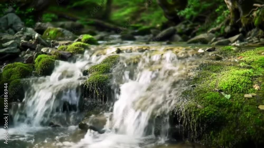 Serene Waterfall Flowing Over Mossy Rocks in Tranquil Forest Setting Serene Waterfall Flowing Over Mossy Rocks in Tranquil Forest Setting