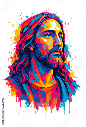 Vibrant Jesus portrait, pop art style, bold colors