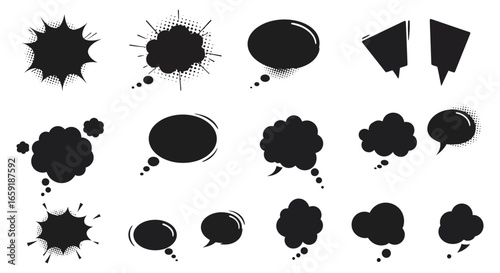 Collection of various black comic speech bubbles and thought clouds