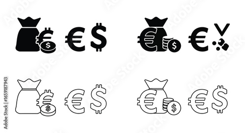 Black and white money bag icons with various currency symbols