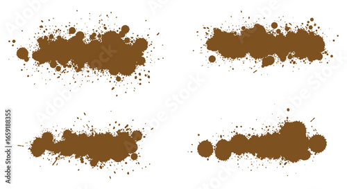 Brown paint splatters on a white background in four different shapes