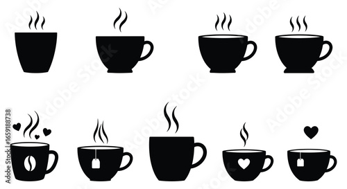 Black silhouettes of coffee cups with steam and hearts