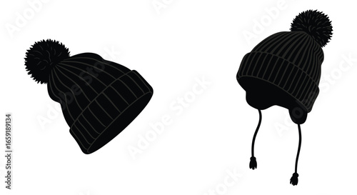 Black knit beanies with pom poms on white background