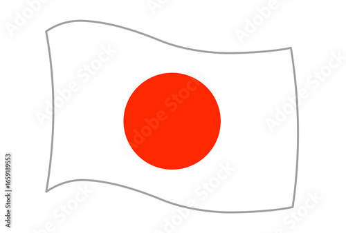 風になびく日本国旗のイラスト（シンプルな白背景に赤丸の国旗）