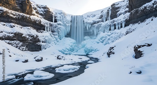 Majestic Winter Waterfall Surrounded by Snow and Ice Formations in a Frozen Landscape Adventure Travel Destination