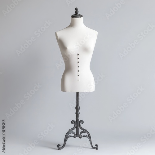 A white mannequin on a stand, simple background, studio photography, soft lighting, front view, no shadows, no texturing, no blurring effects, plain gray backdrop