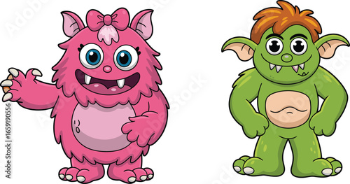 Cartoon Pink and Green Monsters – Cute Girl and Boy Characters with Expressions for Kids, Halloween Designs, Storybook Creatures, and Fun Fantasy Vector Illustration