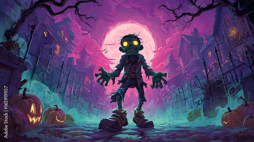 A cartoon zombie stands in front of a full moon with pumpkins and haunted houses in the background halloween art