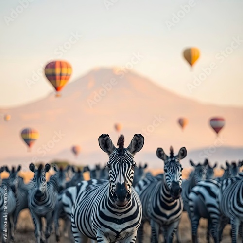 Dynamic action painting of zebras galloping across Amboseli National Park, Kenya, with Mount Kilimanjaro with generative ai