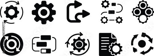 Flat vector process icons with workflow automation, system management, business operation, gear settings, optimization, productivity cycle, project management, development process