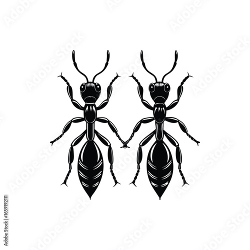 Black and white vector illustration of two ants holding hands together