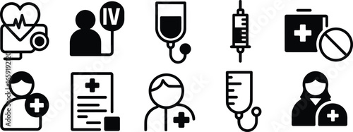 Flat vector medical icons with doctor, nurse, patient care, hospital treatment, heart monitor, IV bag, syringe, medicine, prescription