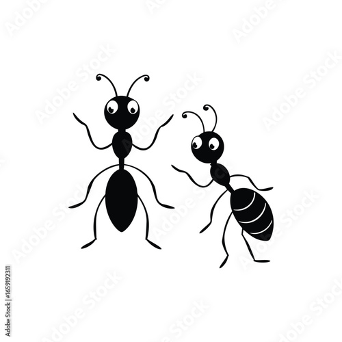 Two cartoon ants in black and white on a white background