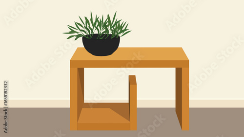 Stylish minimal indoor decor, a plant in a black pot sits atop a wooden table in a simple interior