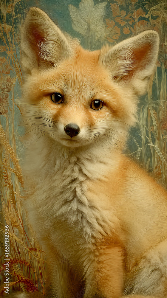 Fototapeta premium Charming portrait of young red fox with fluffy fur and large ears gazes softly amid stylised botanical background, detailed digital painting in warm tones.