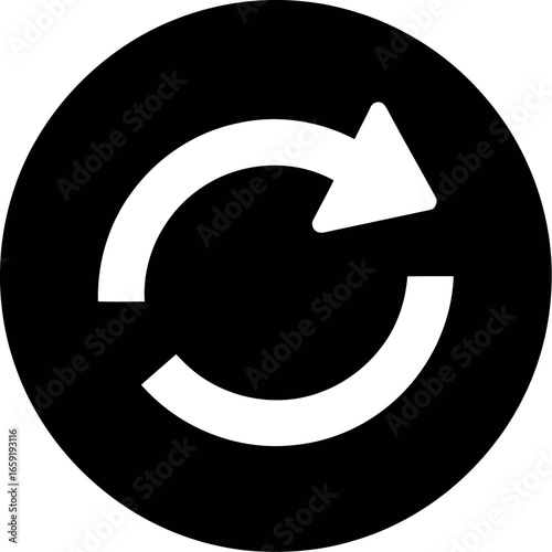 Vector vector art of white refresh symbol inside a black circle, transparent background