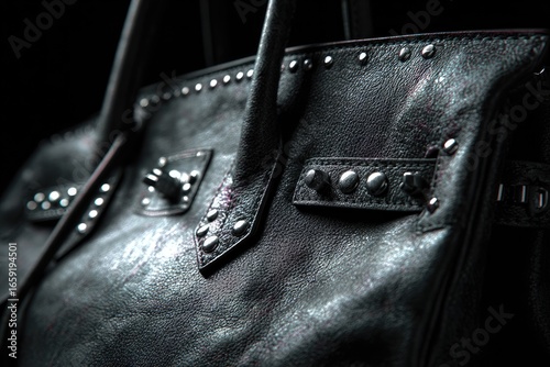Close-up studded leather tote bag on dark background