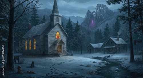 A small wooden church sits in an alpine valley surrounded by pines and snowy ground, with a few people nearby, while a man floats above the church in the top left corner.
