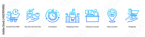 Urgent Retail Campaigns web banner icon vector illustration featuring Limited Time Offer, Buy One Get One Free, Countdown, Shopping Center, Checkout Counter, Shop Location, and Shopping.