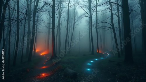 A mystical forest with two glowing paths diverging under golden hour light, creating an ethereal atmosphere.