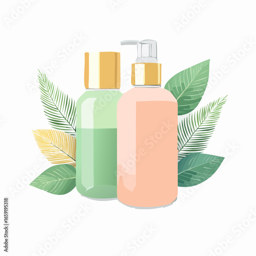 Eco cosmetics for skin care vector illustration. cartoon organic shampoo aroma cleanser container, packaging with herbal facial cream, shower gel to clean hair or body, cosmetology isolated on white
4