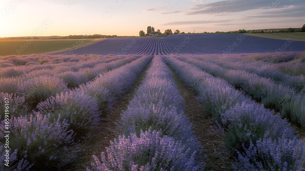 Obraz premium Fields of vibrant lavender stretching towards the horizon at sunset.