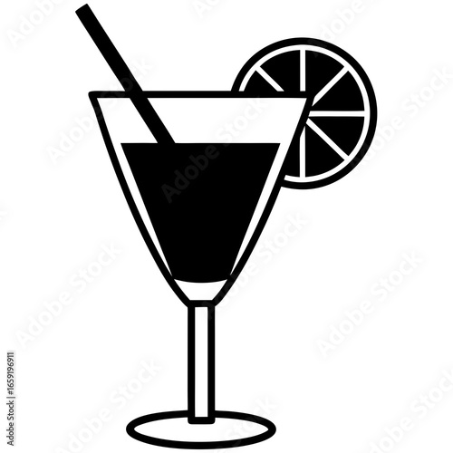 Black and White Martini Glass with Lime and Straw cocktail drink