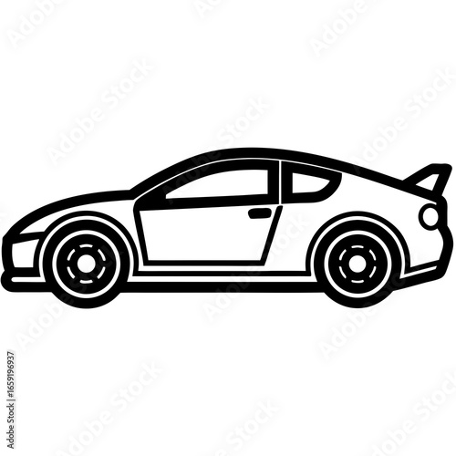 Black and white outline illustration of a sports coupe car in profile view sports car automobile